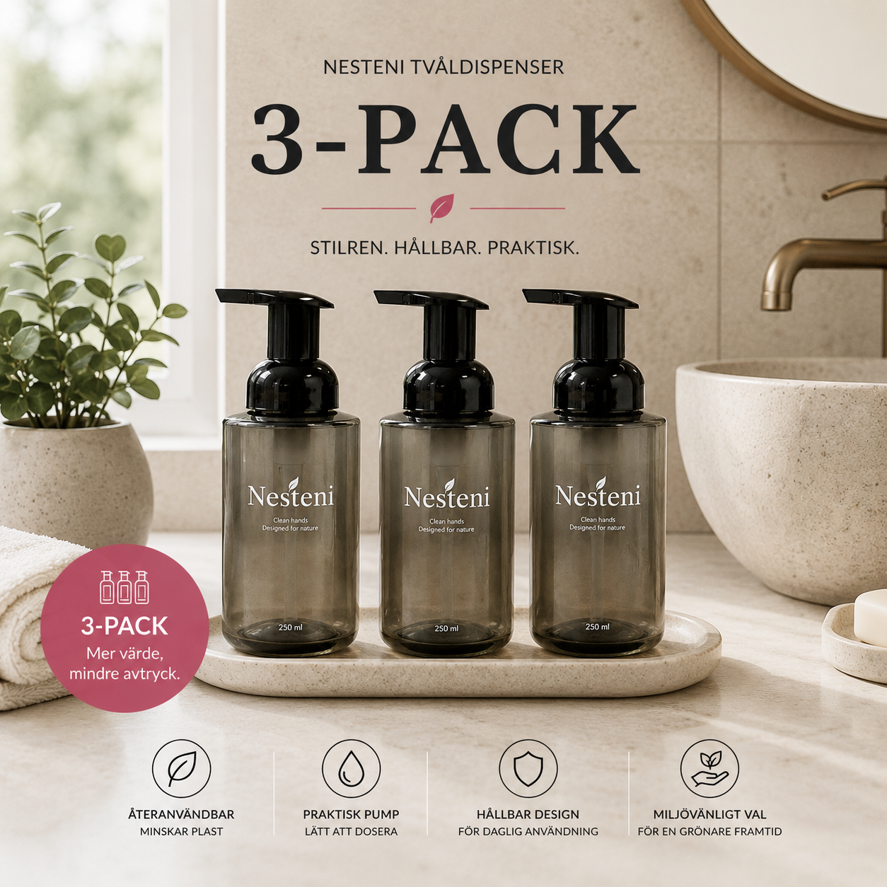 3-pack - Plastdispenser med skumtvålspump 250mL