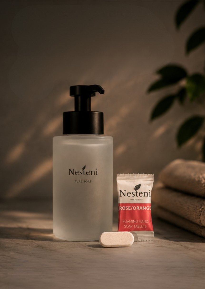 Nesteni mobilbild med dispenser, refillpåse och tvåltablett
